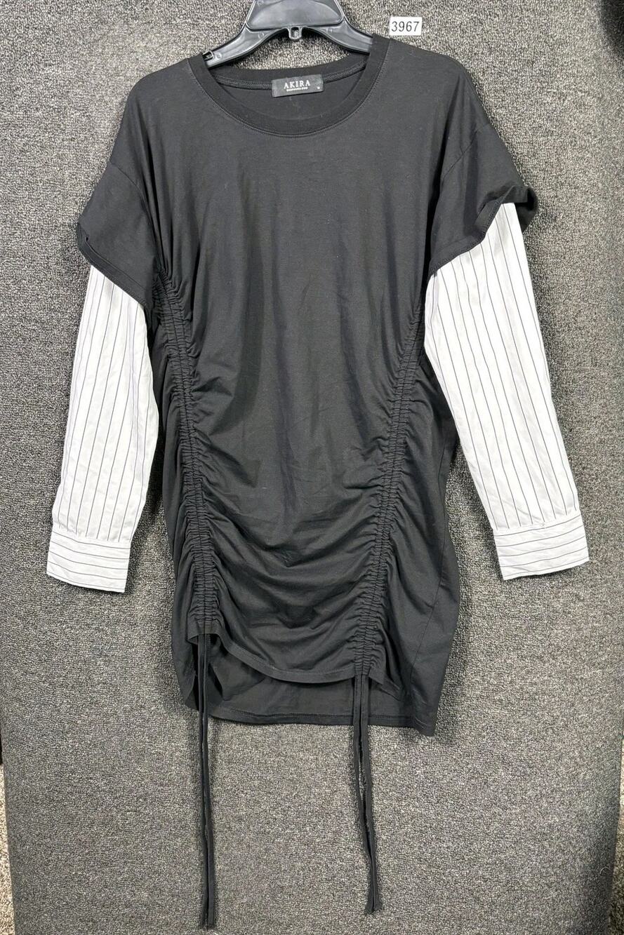 Akira Shirt Womens Medium Pinstripe Ruched Drawstring Layered ISA147